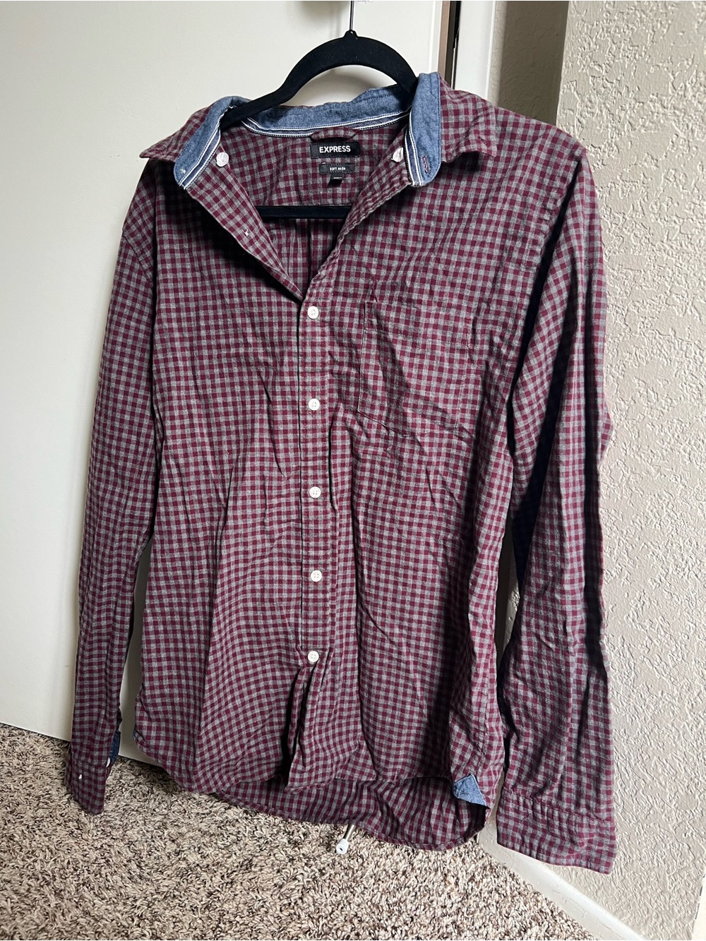 Express Men's Burgundy and Gray Check Button-Down Shirt